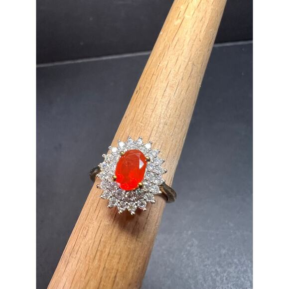 NEW Mexican Cherry fire opal moissanite halo ring in vermeil YG over 925 size 5 - Picture 12 of 16
